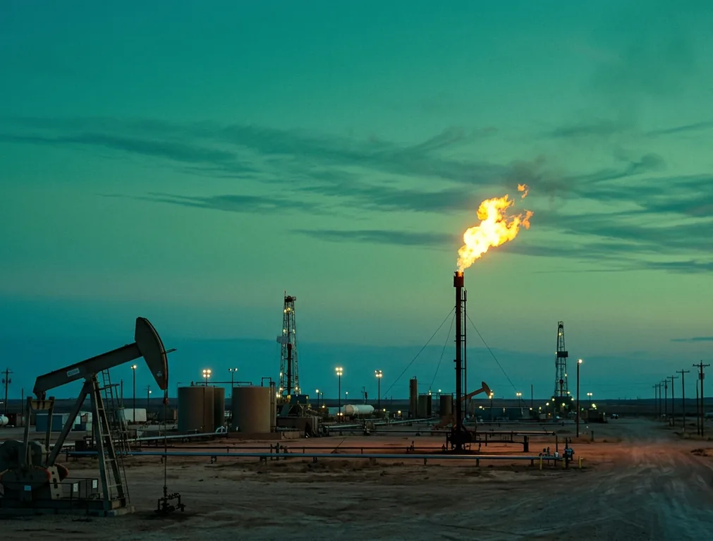 An oil field at dusk with gas flaring from a stack, pumpjacks and tank batteries in the foreground and lit drilling rigs on the horizon.