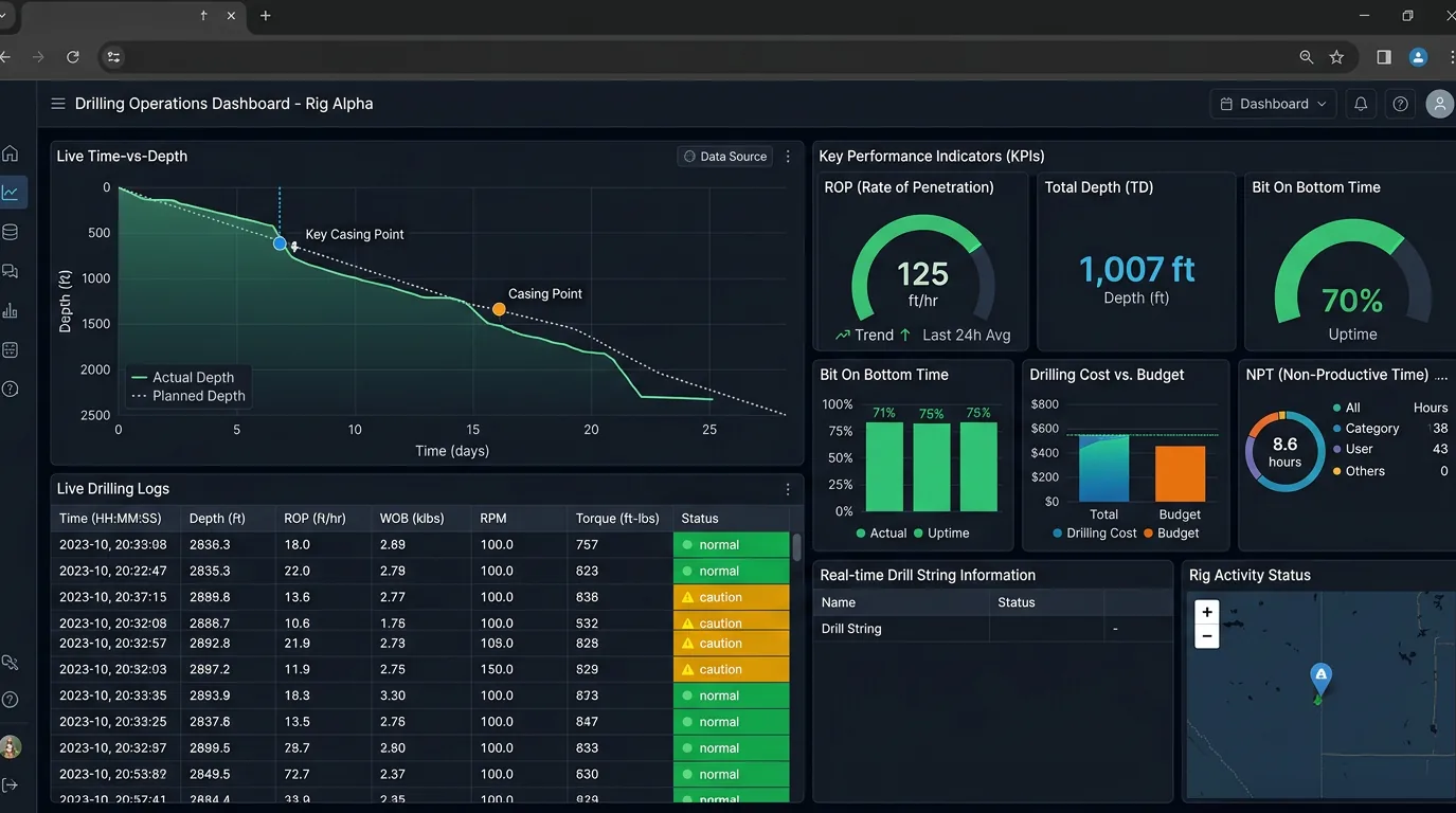 A drilling operations dashboard showing a live time-versus-depth curve against plan, tiles for rate of penetration, total depth and non-productive time, and a streaming drilling log.