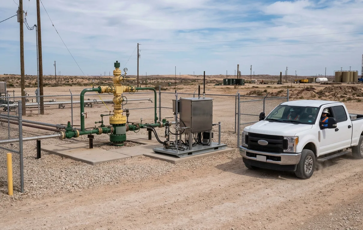 A wellhead fitted with an instrument cabinet at a desert field site, a service truck pulling up alongside it.