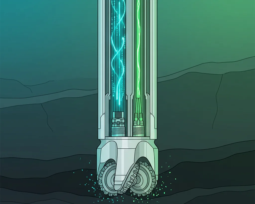 Cutaway illustration of a drill string ending in a roller-cone bit, with two lit channels running the length of the pipe, one carrying data and one carrying power, as it cuts through rock layers.