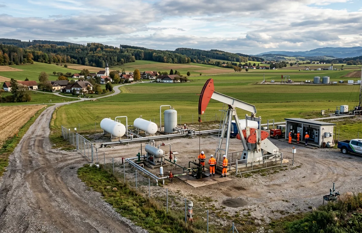 Aerial view of a producing well site with a pumpjack, storage tanks and crew in high-visibility coveralls, set among farmland, a village church and forested hills.