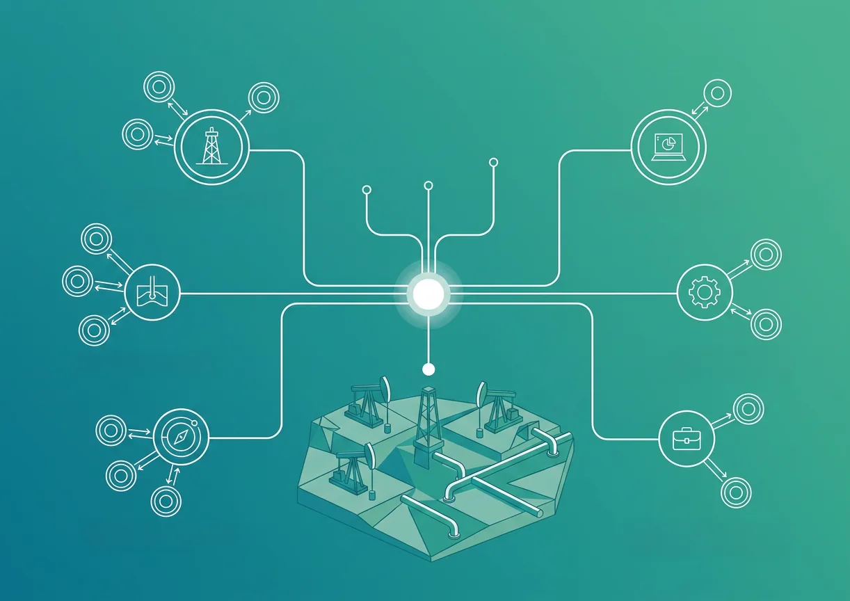 Diagram of a single hub linking specialist partners — drilling, subsurface, laboratories, analytics, manufacturing and commercial — to one producing field.