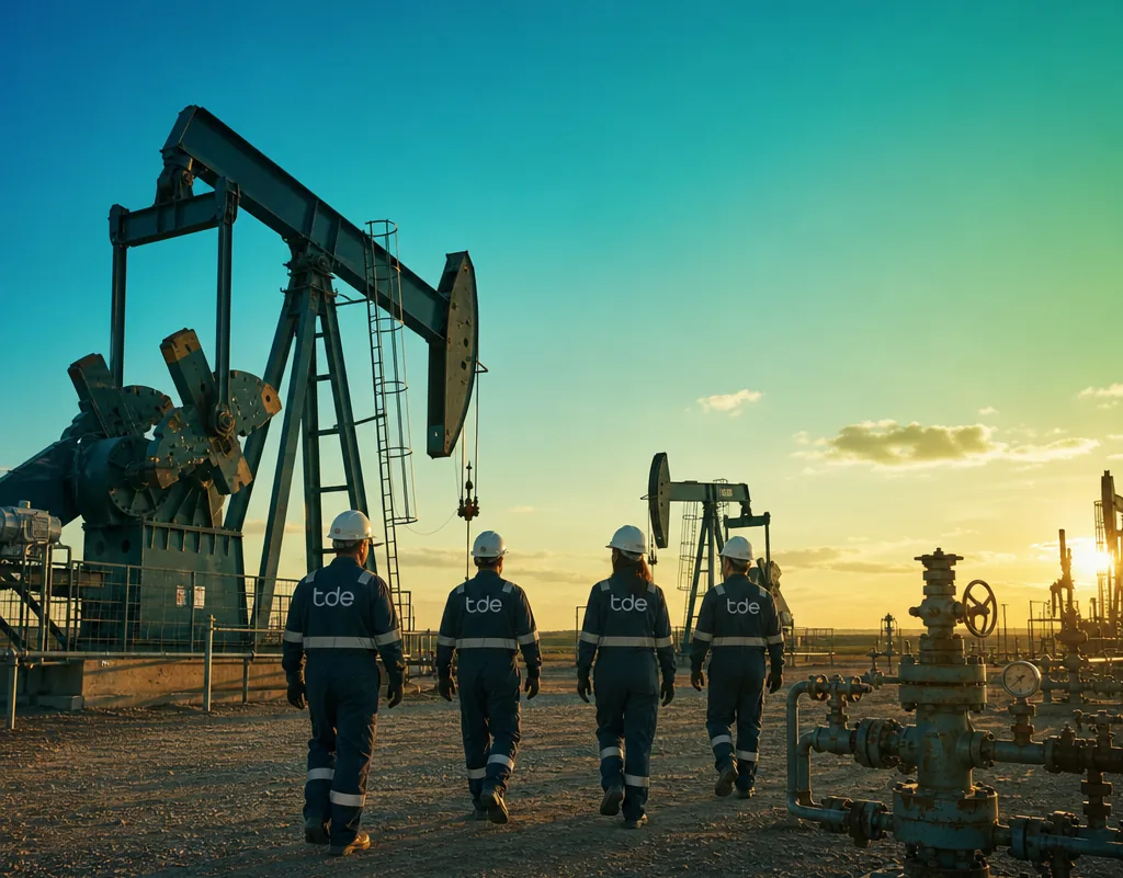 Four tde energy crew members in coveralls and hard hats walking across a well site past a pumpjack and wellhead at sunset.